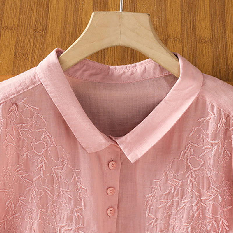 Embroiderd Front Button Stand Collar Design Women's Cotton Short Sleeve Shirt