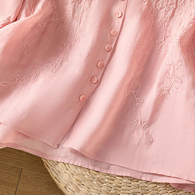 Embroiderd Front Button Stand Collar Design Women's Cotton Short Sleeve Shirt