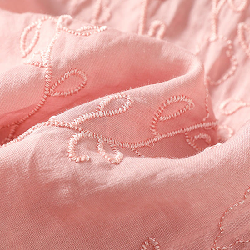Embroiderd Front Button Stand Collar Design Women's Cotton Short Sleeve Shirt