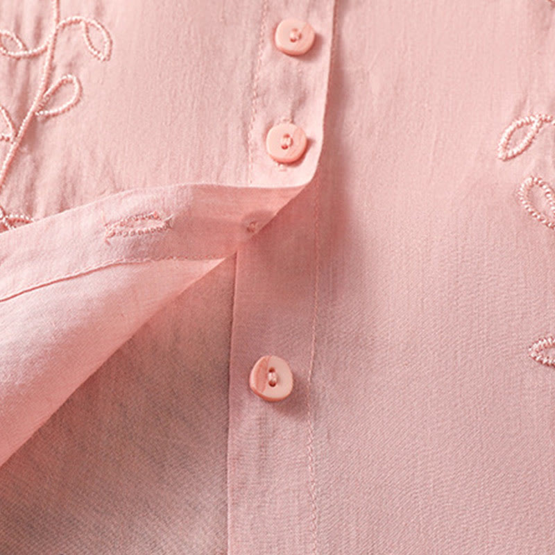 Embroiderd Front Button Stand Collar Design Women's Cotton Short Sleeve Shirt