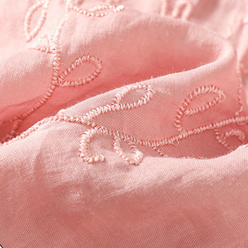 Embroiderd Front Button Stand Collar Design Women's Cotton Short Sleeve Shirt
