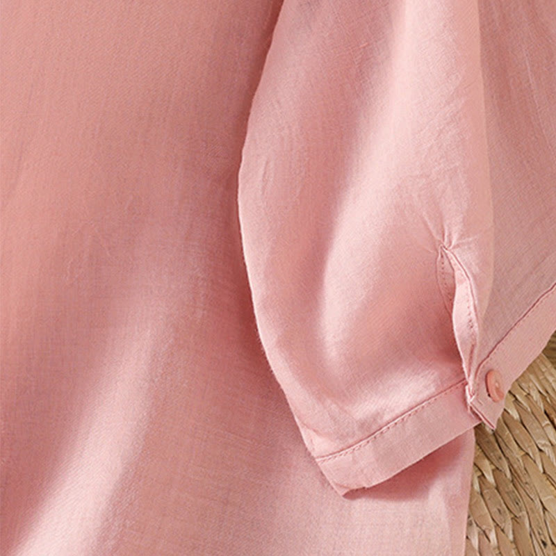 Embroiderd Front Button Stand Collar Design Women's Cotton Short Sleeve Shirt