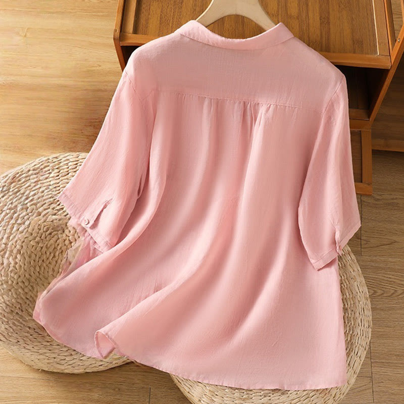 Embroiderd Front Button Stand Collar Design Women's Cotton Short Sleeve Shirt
