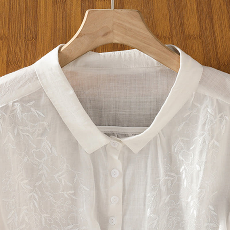 Embroiderd Front Button Stand Collar Design Women's Cotton Short Sleeve Shirt