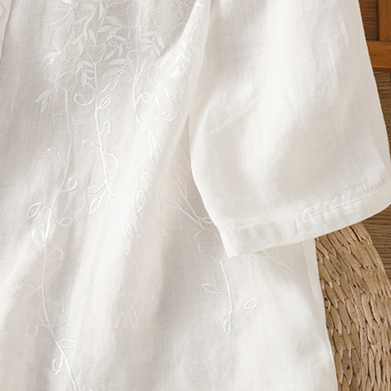 Embroiderd Front Button Stand Collar Design Women's Cotton Short Sleeve Shirt