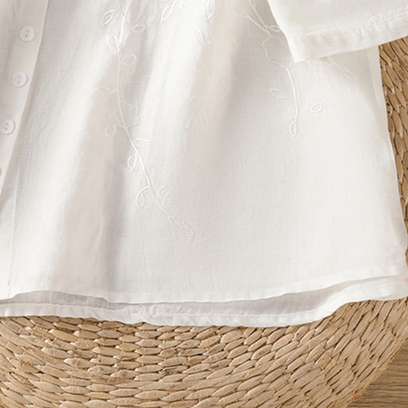 Embroiderd Front Button Stand Collar Design Women's Cotton Short Sleeve Shirt