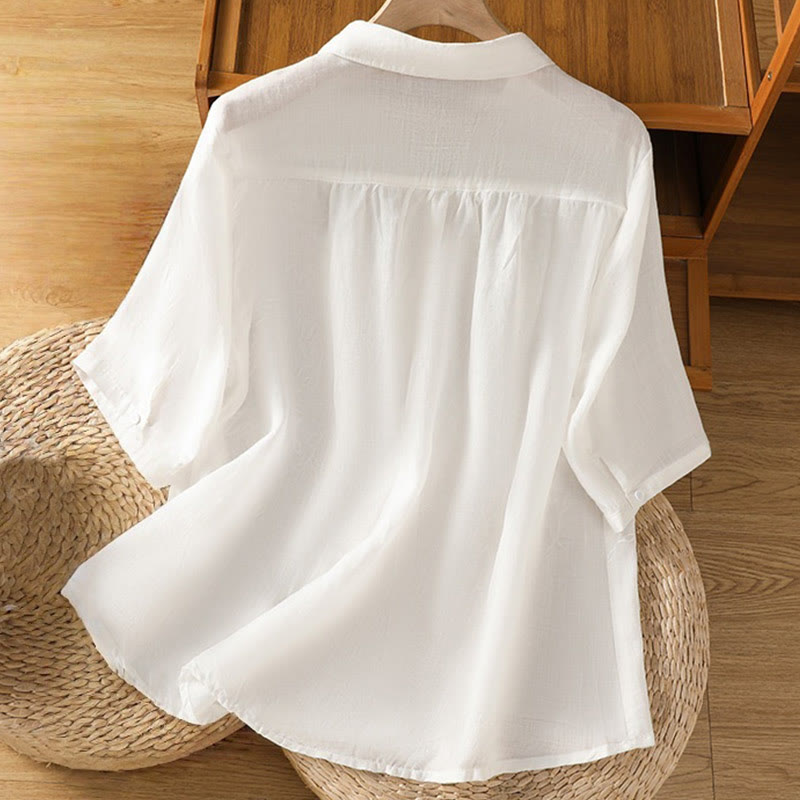 Embroiderd Front Button Stand Collar Design Women's Cotton Short Sleeve Shirt