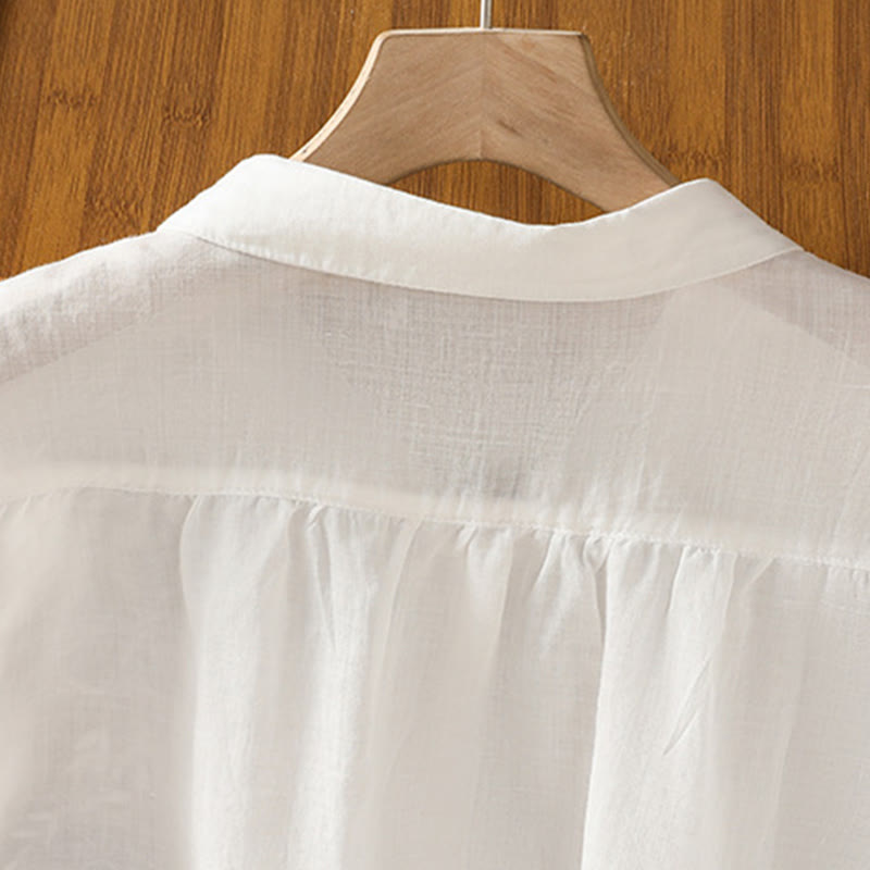 Embroiderd Front Button Stand Collar Design Women's Cotton Short Sleeve Shirt