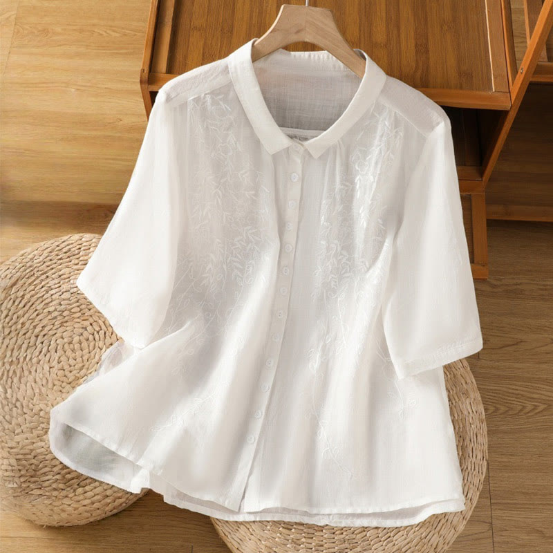 Embroiderd Front Button Stand Collar Design Women's Cotton Short Sleeve Shirt