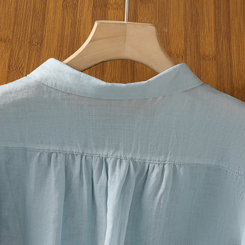 Embroiderd Front Button Stand Collar Design Women's Cotton Short Sleeve Shirt