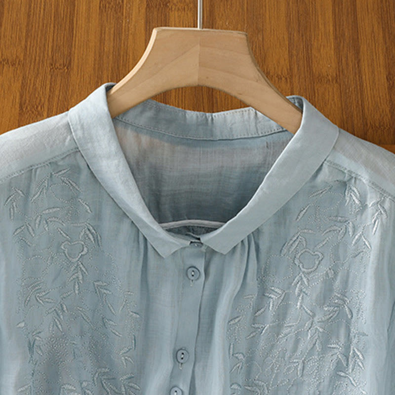 Embroiderd Front Button Stand Collar Design Women's Cotton Short Sleeve Shirt