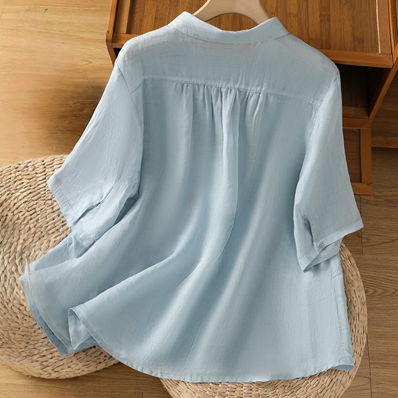 Embroiderd Front Button Stand Collar Design Women's Cotton Short Sleeve Shirt