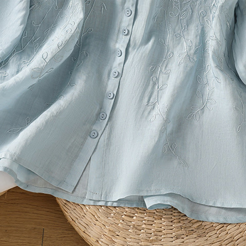 Embroiderd Front Button Stand Collar Design Women's Cotton Short Sleeve Shirt