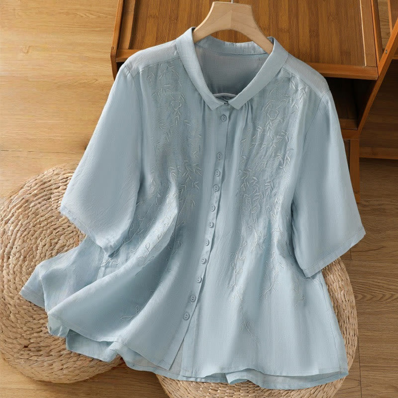 Embroiderd Front Button Stand Collar Design Women's Cotton Short Sleeve Shirt