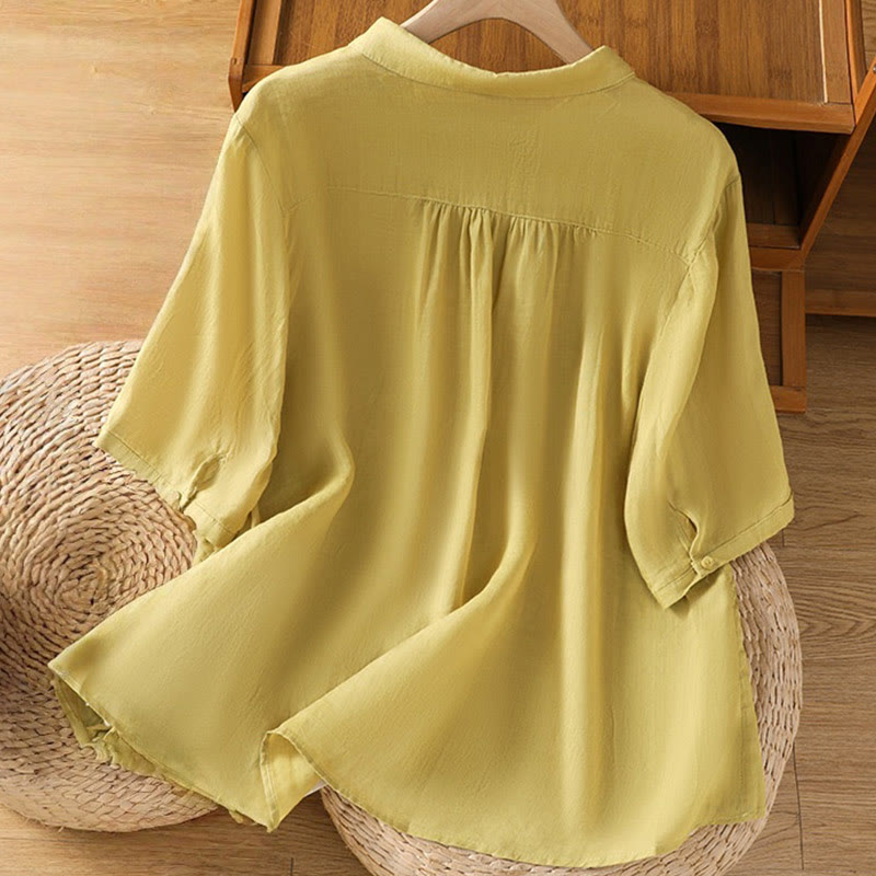 Embroiderd Front Button Stand Collar Design Women's Cotton Short Sleeve Shirt