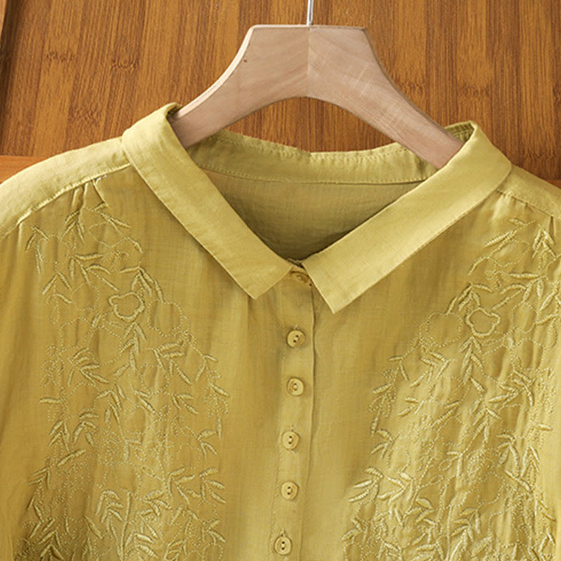 Embroiderd Front Button Stand Collar Design Women's Cotton Short Sleeve Shirt