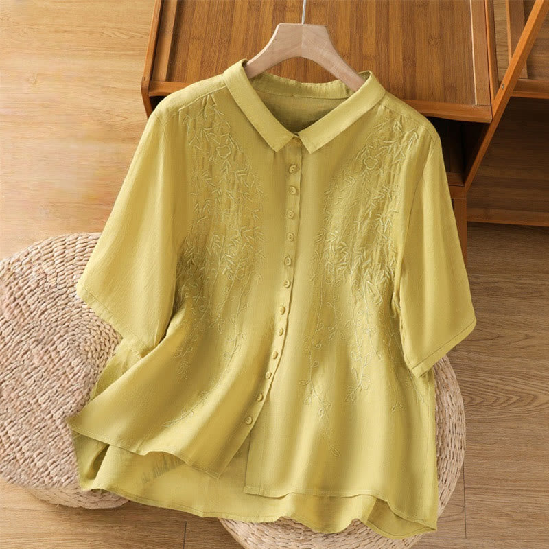 Embroiderd Front Button Stand Collar Design Women's Cotton Short Sleeve Shirt