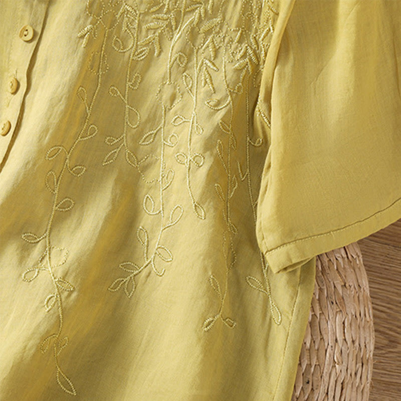 Embroiderd Front Button Stand Collar Design Women's Cotton Short Sleeve Shirt