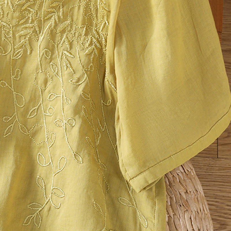 Embroiderd Front Button Stand Collar Design Women's Cotton Short Sleeve Shirt