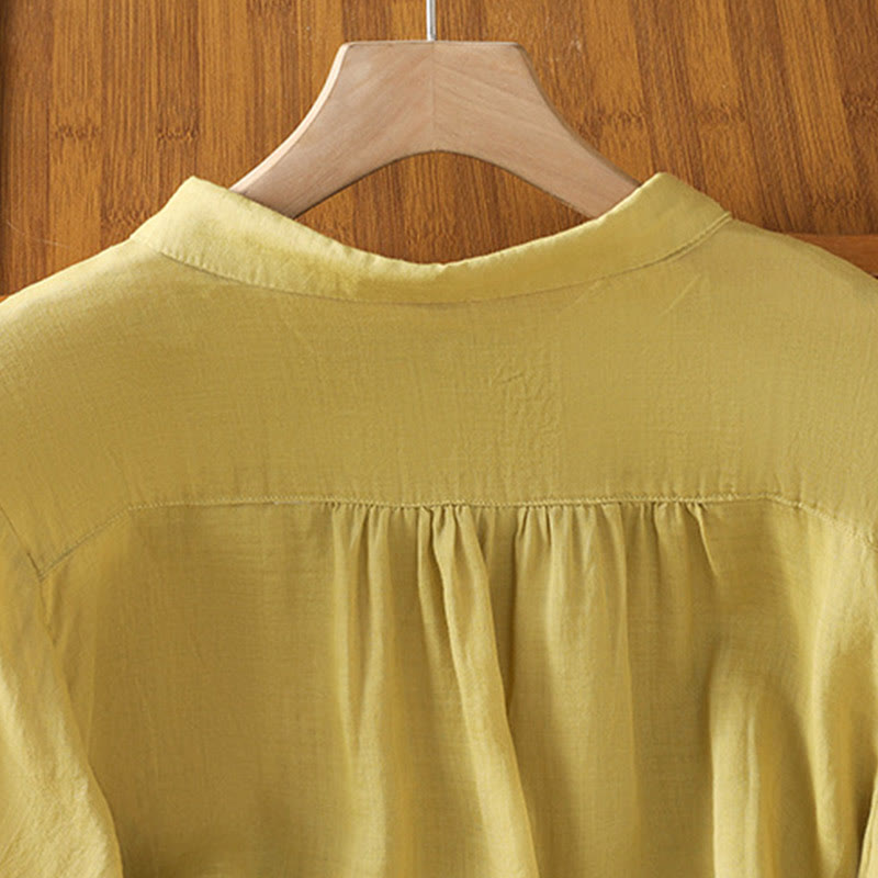 Embroiderd Front Button Stand Collar Design Women's Cotton Short Sleeve Shirt