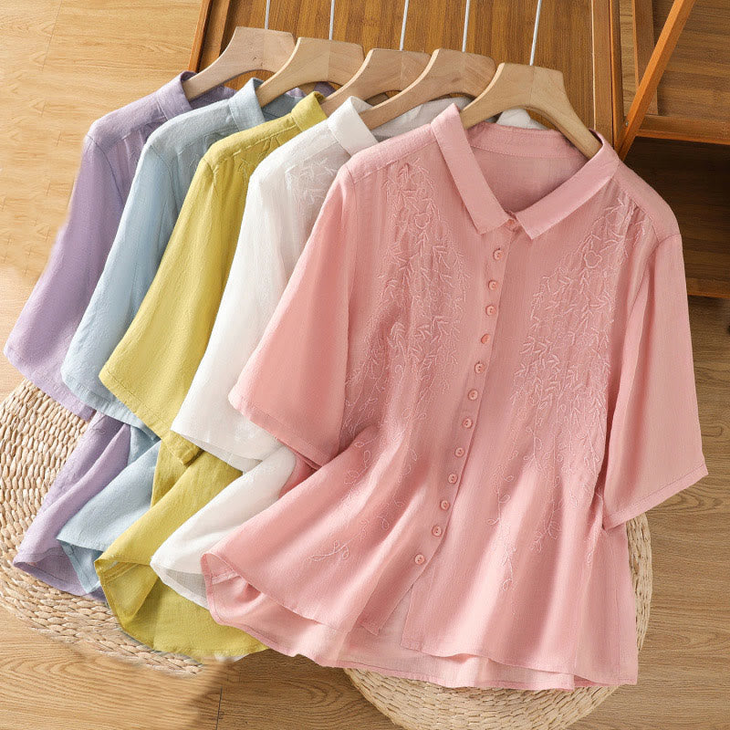 Embroiderd Front Button Stand Collar Design Women's Cotton Short Sleeve Shirt