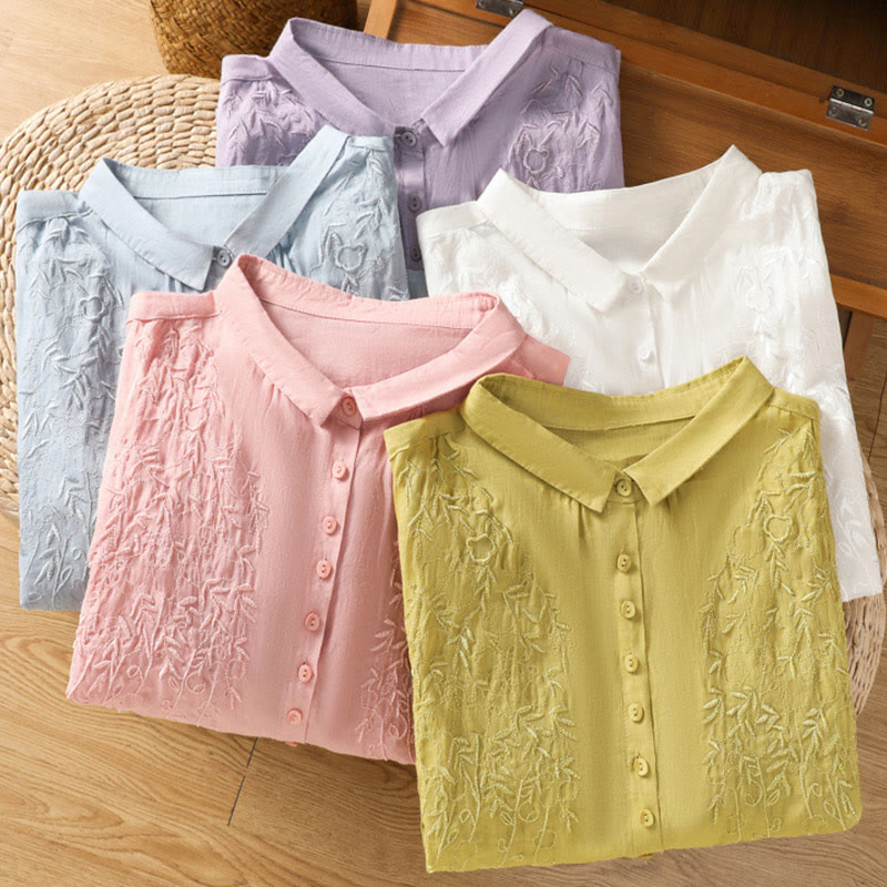 Embroiderd Front Button Stand Collar Design Women's Cotton Short Sleeve Shirt