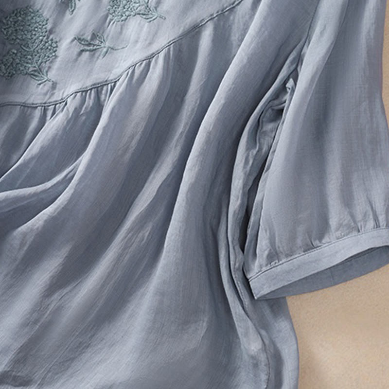 Embroiderd Flower Crew Neck Design Women's Cotton Linen Half Sleeve Shirt