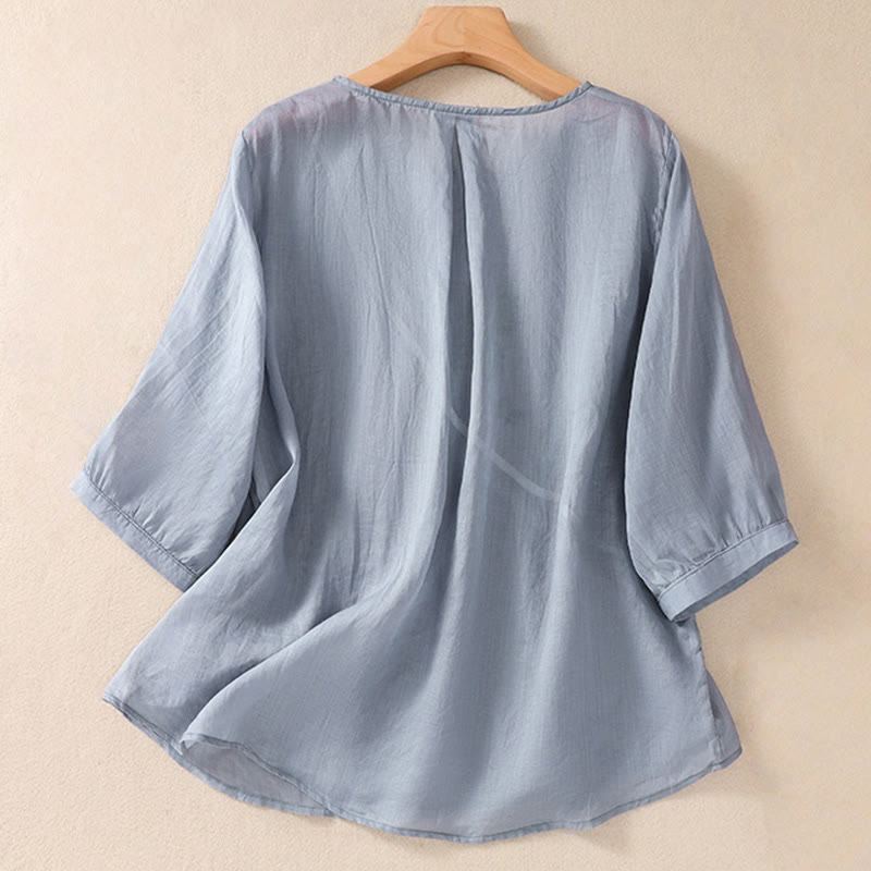 Embroiderd Flower Crew Neck Design Women's Cotton Linen Half Sleeve Shirt