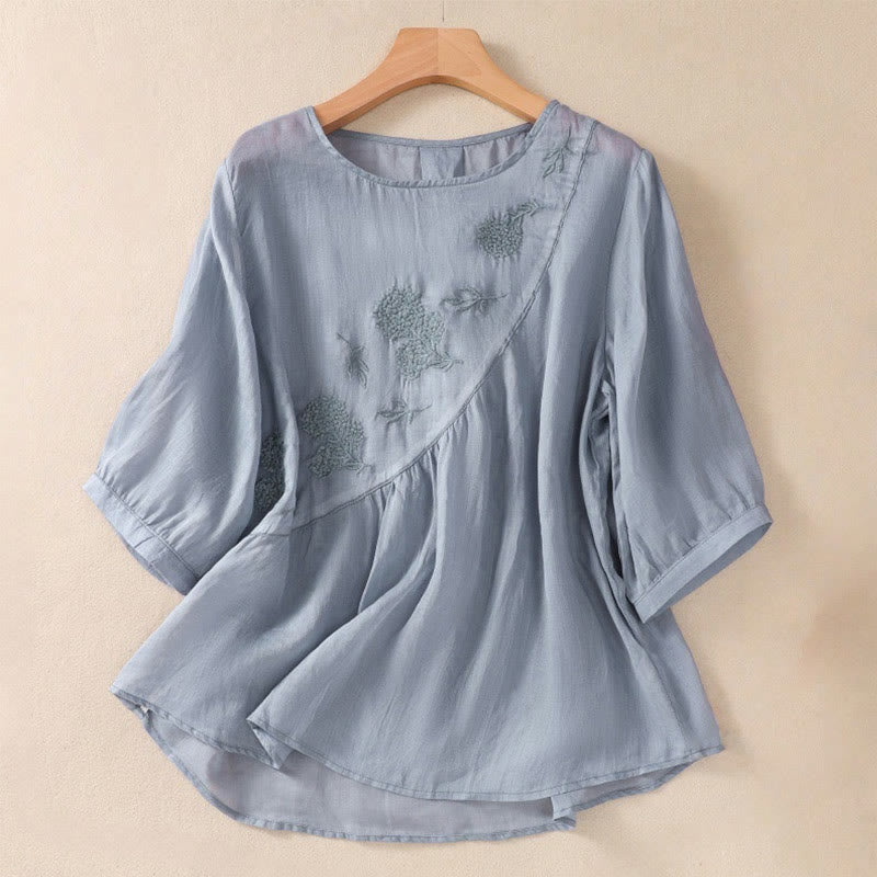 Embroiderd Flower Crew Neck Design Women's Cotton Linen Half Sleeve Shirt