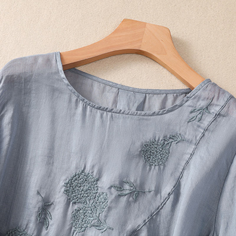 Embroiderd Flower Crew Neck Design Women's Cotton Linen Half Sleeve Shirt