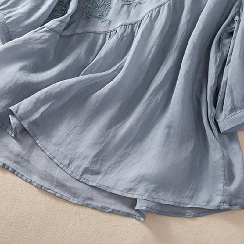 Embroiderd Flower Crew Neck Design Women's Cotton Linen Half Sleeve Shirt
