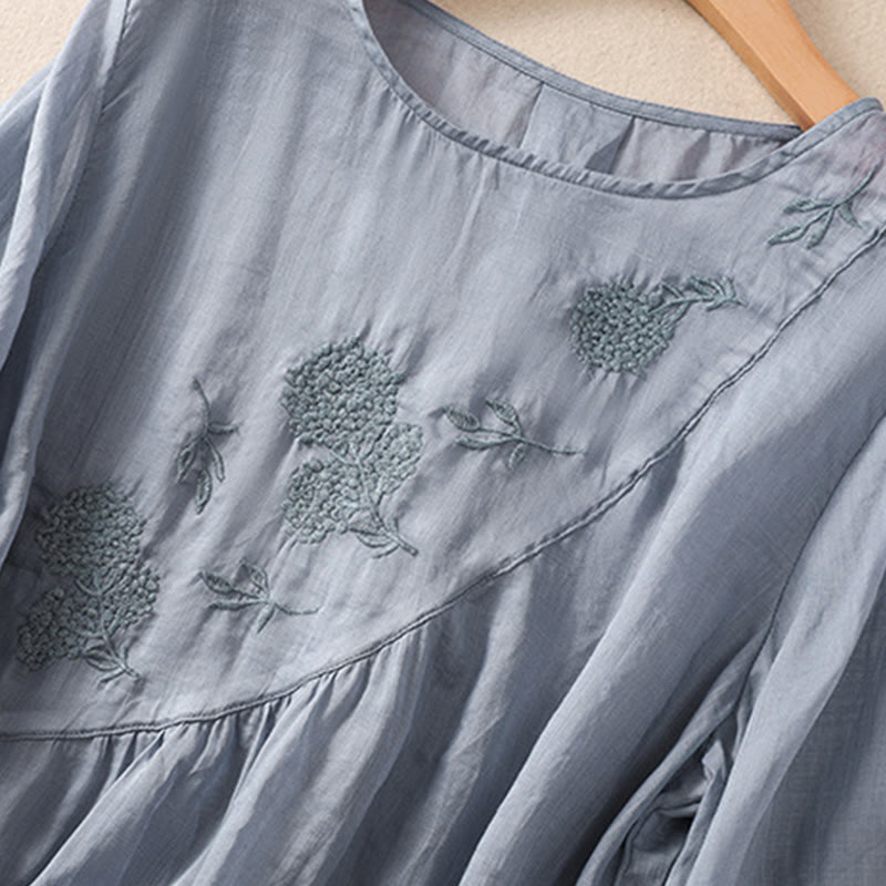 Embroiderd Flower Crew Neck Design Women's Cotton Linen Half Sleeve Shirt