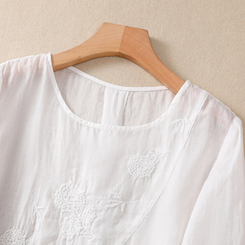 Embroiderd Flower Crew Neck Design Women's Cotton Linen Half Sleeve Shirt