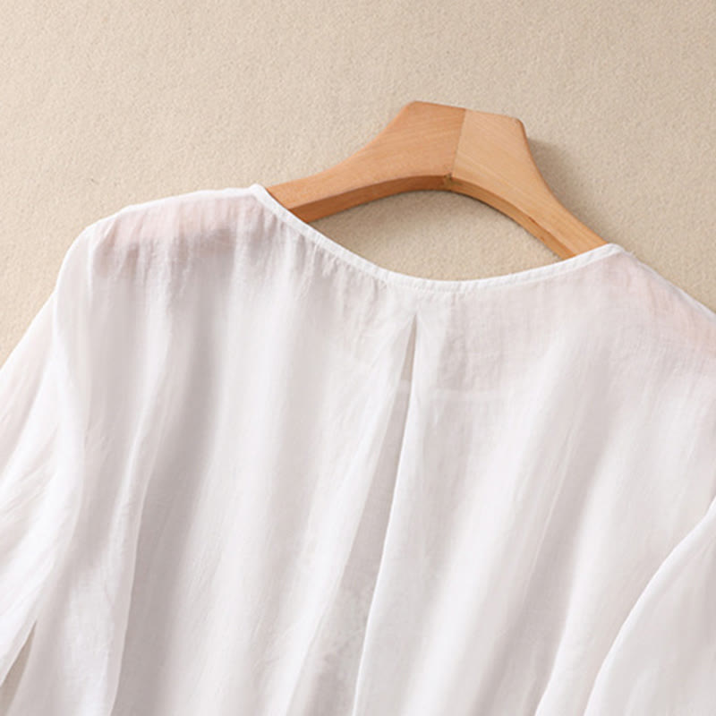 Embroiderd Flower Crew Neck Design Women's Cotton Linen Half Sleeve Shirt
