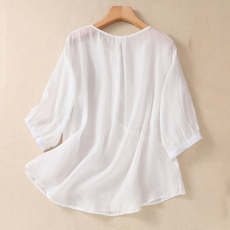 Embroiderd Flower Crew Neck Design Women's Cotton Linen Half Sleeve Shirt