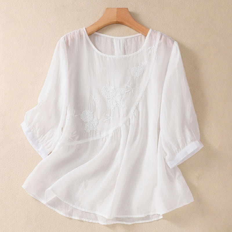 Embroiderd Flower Crew Neck Design Women's Cotton Linen Half Sleeve Shirt