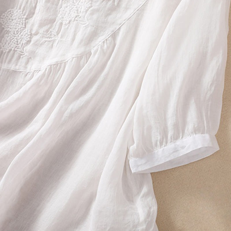 Embroiderd Flower Crew Neck Design Women's Cotton Linen Half Sleeve Shirt