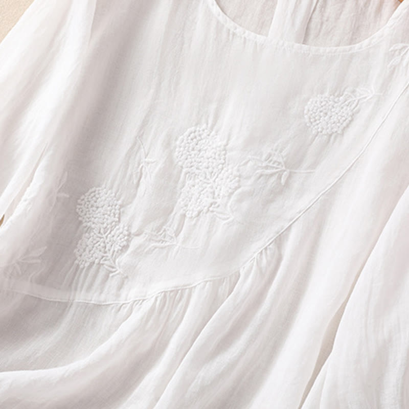 Embroiderd Flower Crew Neck Design Women's Cotton Linen Half Sleeve Shirt
