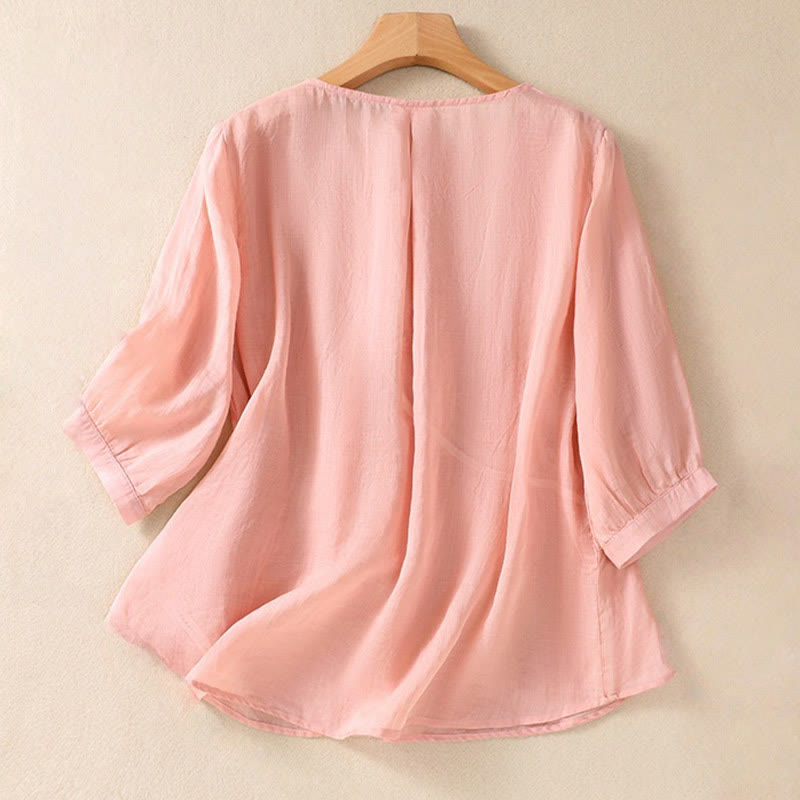 Embroiderd Flower Crew Neck Design Women's Cotton Linen Half Sleeve Shirt