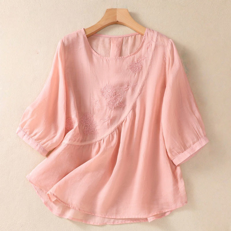 Embroiderd Flower Crew Neck Design Women's Cotton Linen Half Sleeve Shirt