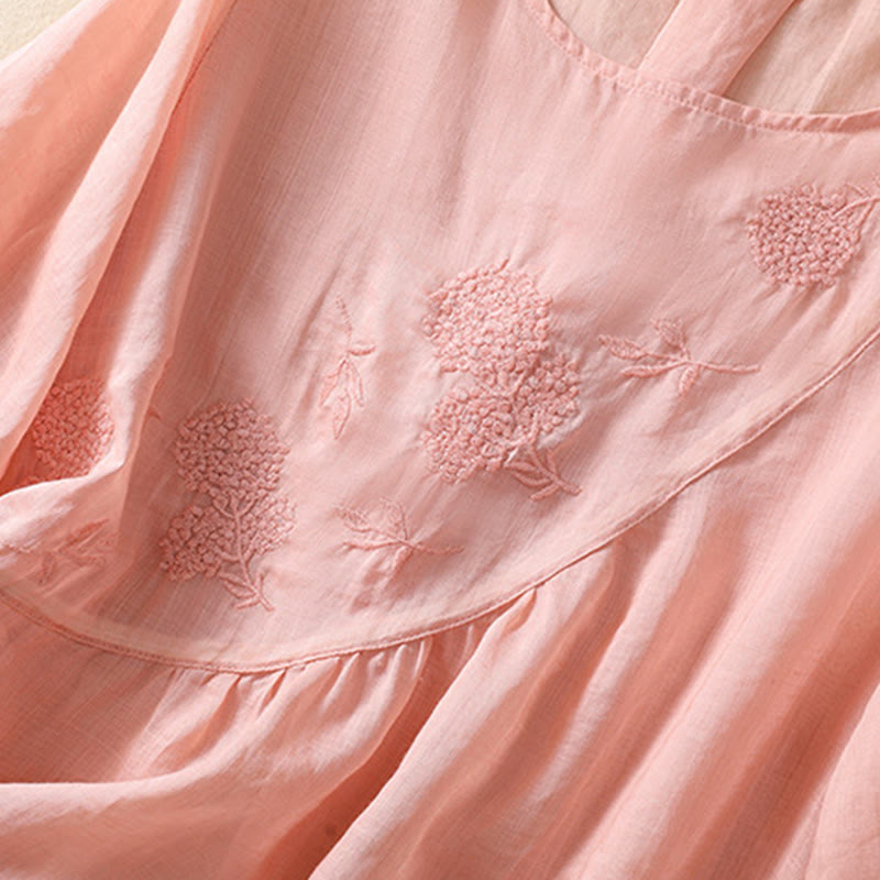 Embroiderd Flower Crew Neck Design Women's Cotton Linen Half Sleeve Shirt