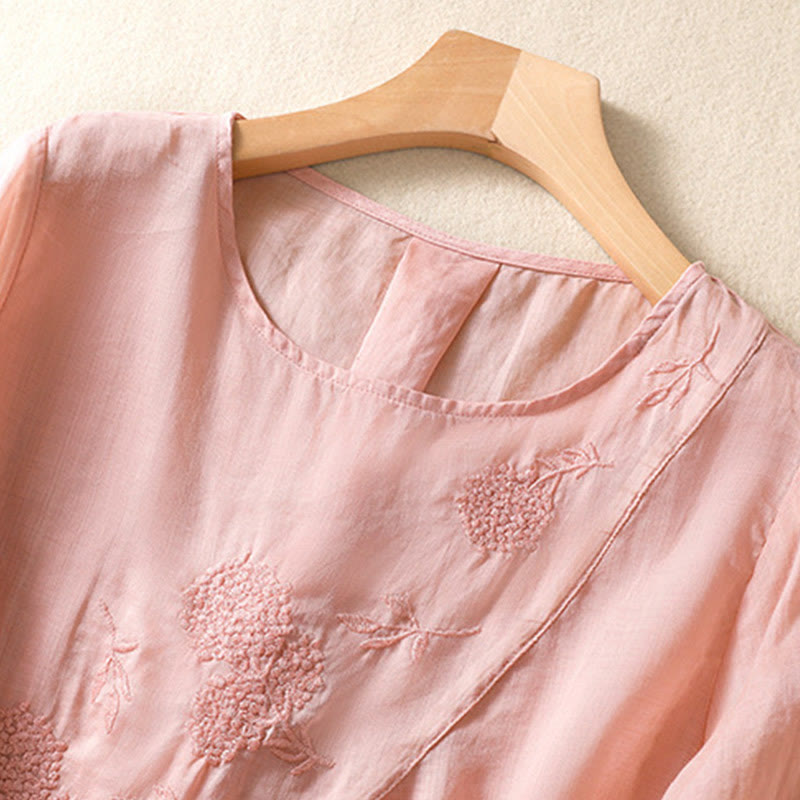 Embroiderd Flower Crew Neck Design Women's Cotton Linen Half Sleeve Shirt