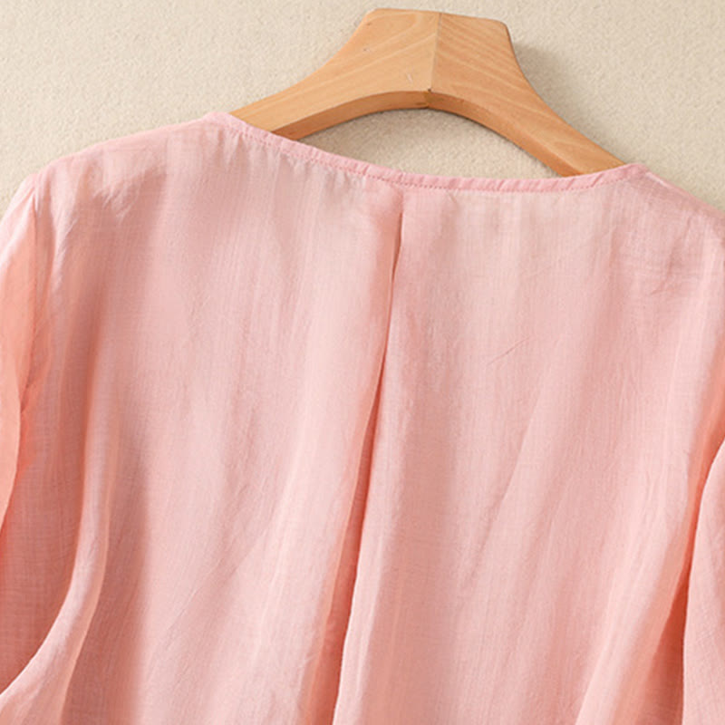 Embroiderd Flower Crew Neck Design Women's Cotton Linen Half Sleeve Shirt