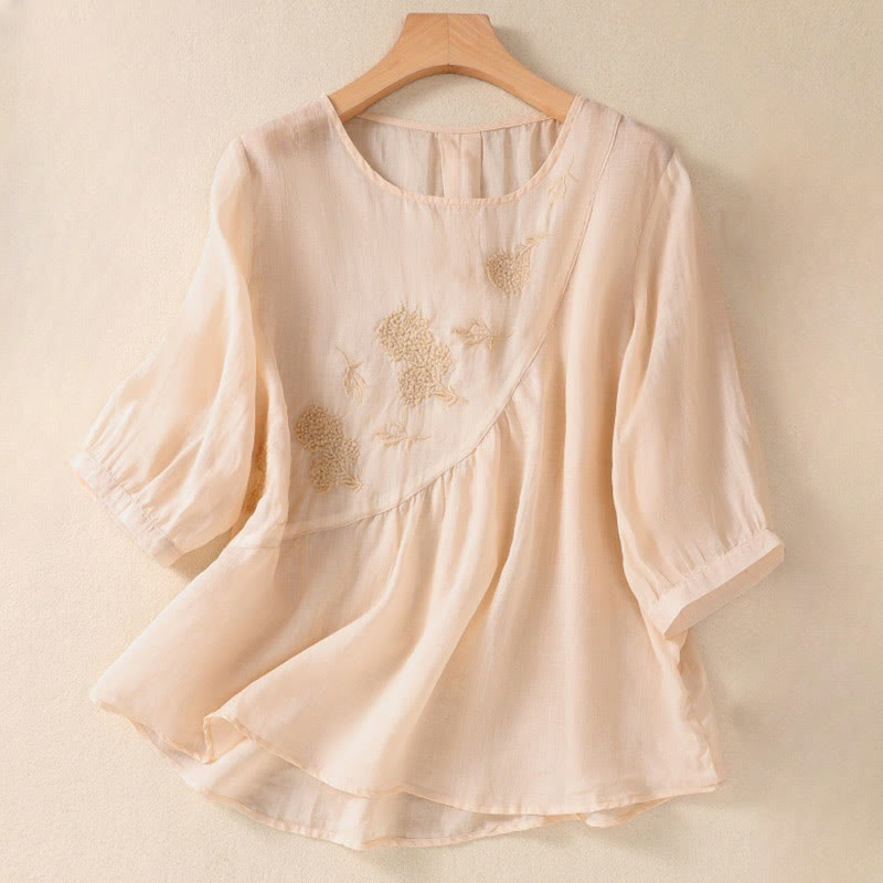 Embroiderd Flower Crew Neck Design Women's Cotton Linen Half Sleeve Shirt