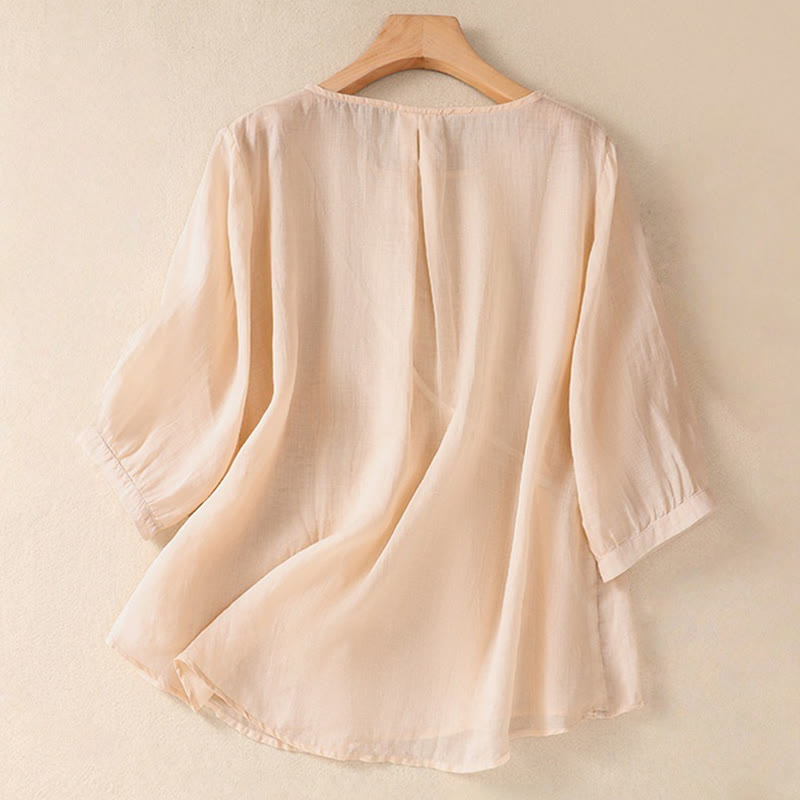 Embroiderd Flower Crew Neck Design Women's Cotton Linen Half Sleeve Shirt