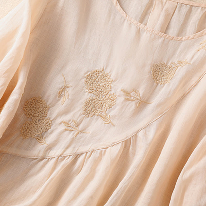 Embroiderd Flower Crew Neck Design Women's Cotton Linen Half Sleeve Shirt