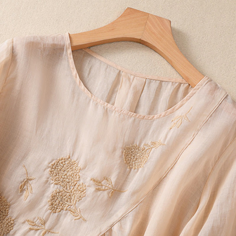 Embroiderd Flower Crew Neck Design Women's Cotton Linen Half Sleeve Shirt