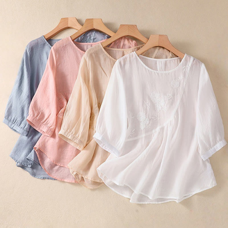 Embroiderd Flower Crew Neck Design Women's Cotton Linen Half Sleeve Shirt