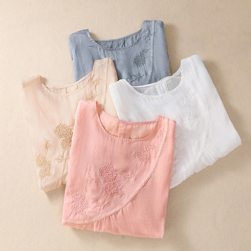 Embroiderd Flower Crew Neck Design Women's Cotton Linen Half Sleeve Shirt