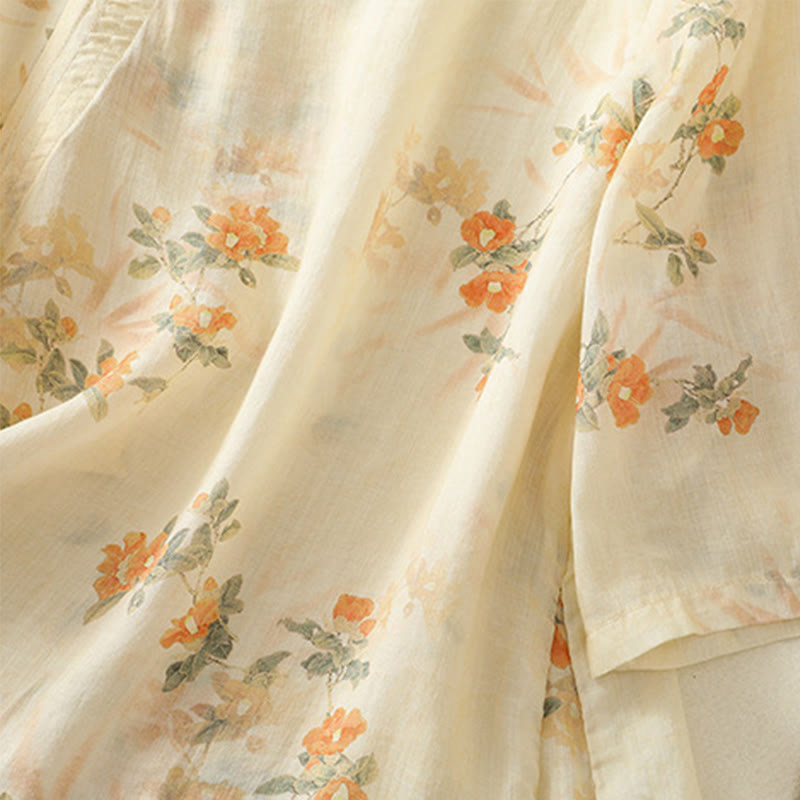 Lightweight Botanical Print Frog Button Meditation Shirt